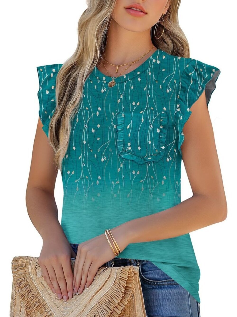 Women's T-Shirt Blue Ruffle Short Sleeve Crew Neck Casual Blouses with Pocket